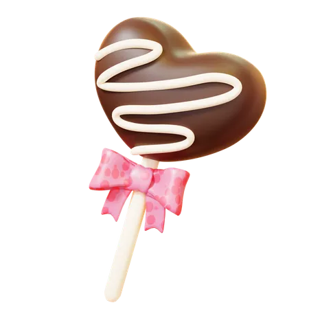 Cute Cartoon 3 D Chocolate Lollipop With Pink Ribbon Happy Valentines Day Anniversary Wedding Love Concept 3D Icon