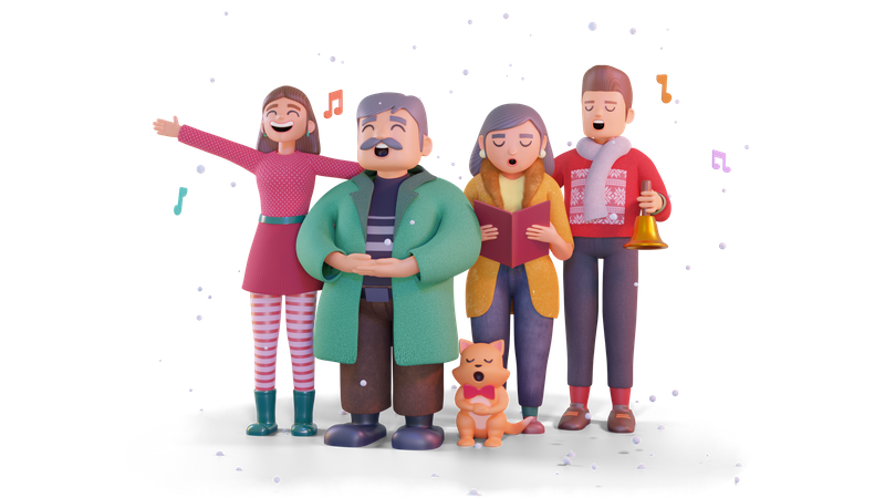 Chœur de personnes chantant un chant de Noël  3D Illustration