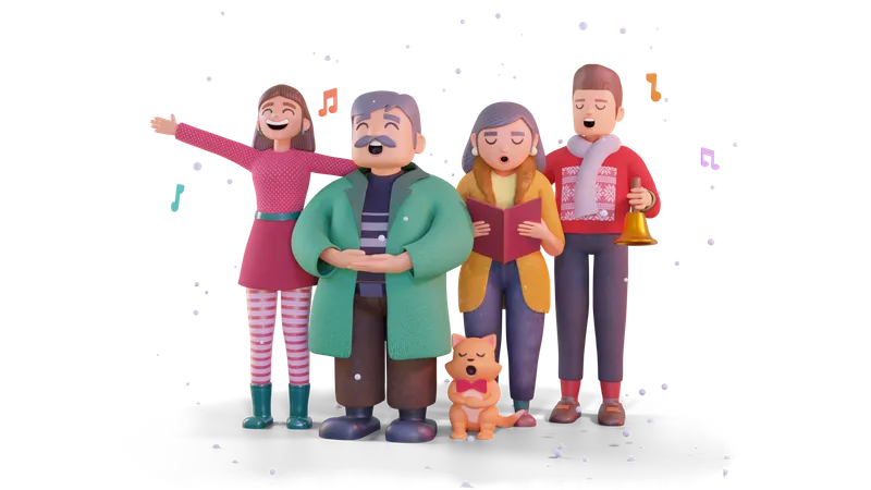 Chœur de personnes chantant un chant de Noël  3D Illustration