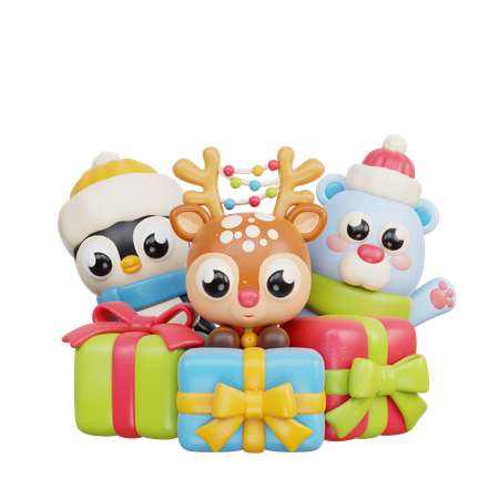 Christmas Animal With Gift  3D Illustration