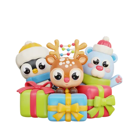 Christmas Animal With Gift  3D Illustration