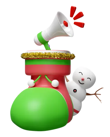 3 D Christmas Sock With Snowman Megaphone Isolated Merry Christmas And Happy New Year 3 D Render Illustration 3D Icon