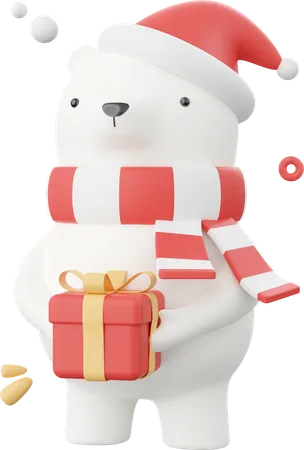 Cute Bear With Santa Hat Holding Christmas Gift Box Christmas Theme Elements 3 D Illustration 3D Icon