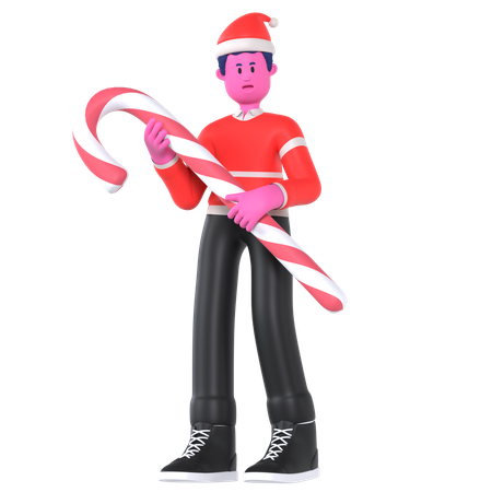 Christmas Boy Bring Big Candy Cane  3D Illustration