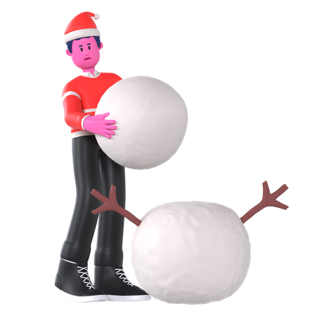 Christmas Boy Build Snowman  3D Illustration