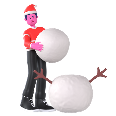 Christmas Boy Build Snowman  3D Illustration