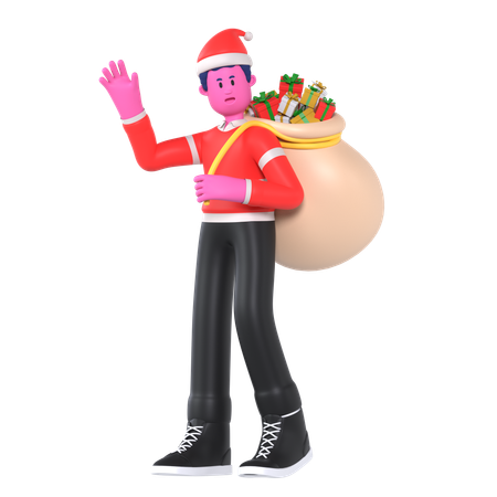 Christmas Boy Carrying Bag Containing Gifts  3D Illustration