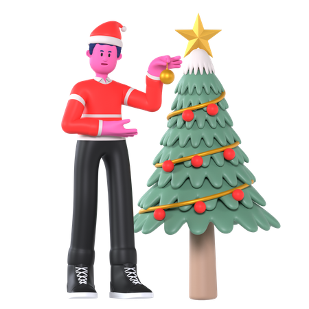 Christmas Boy Decorate Christmas Tree  3D Illustration