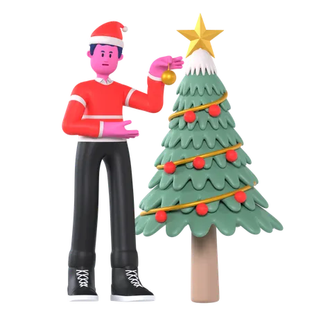 Christmas Boy Decorate Christmas Tree  3D Illustration