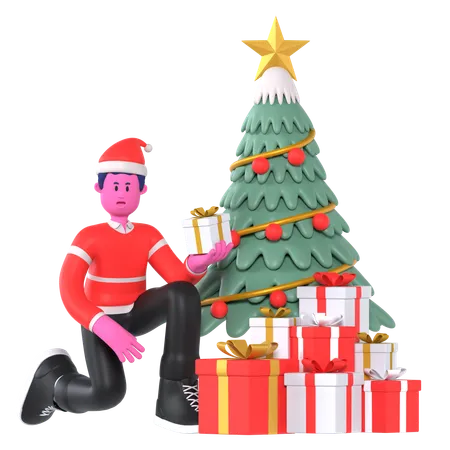 Christmas Boy Decorate Christmas Tree  3D Illustration