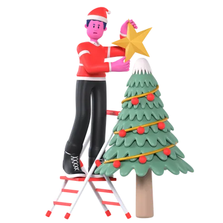 Christmas Boy Decorating Christmas Tree  3D Illustration