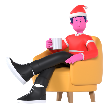 Christmas Boy Drinking Hot Chocolate In Sofa  3D Icon