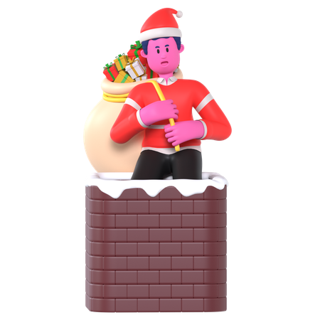 Christmas Boy Enter Chimney Carrying Gifts  3D Illustration