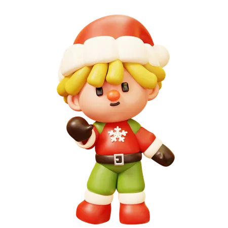 Cute Cartoon 3 D A Little Boy Smiling And Greeting Say Hi Hello Goodbye In Red Green Sweater And Santa Hat Happy New Year Decoration Merry Christmas Holiday New Year And Xmas Celebration 3D Icon
