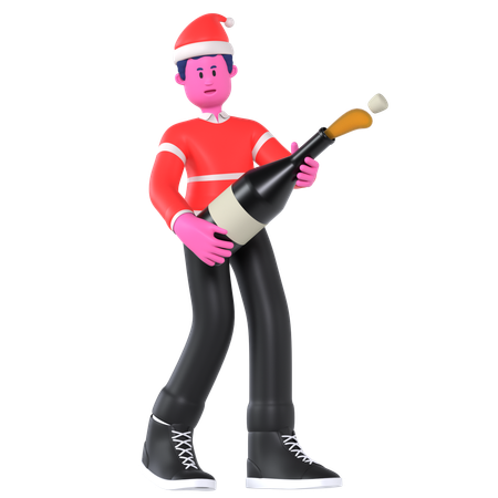 Christmas Boy Holding Bottle And Cheers Up  3D Illustration