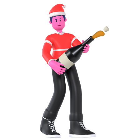 Christmas Boy Holding Bottle And Cheers Up  3D Icon