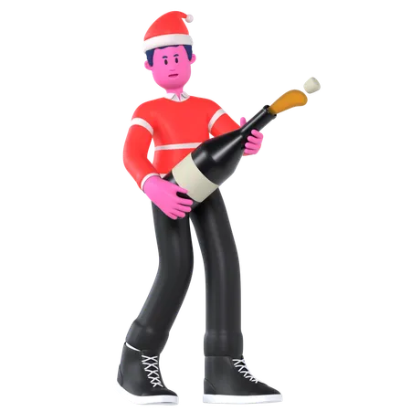 Christmas Boy Holding Bottle And Cheers Up  3D Illustration