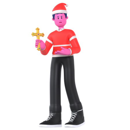 Christmas Boy Holding Cross  3D Illustration