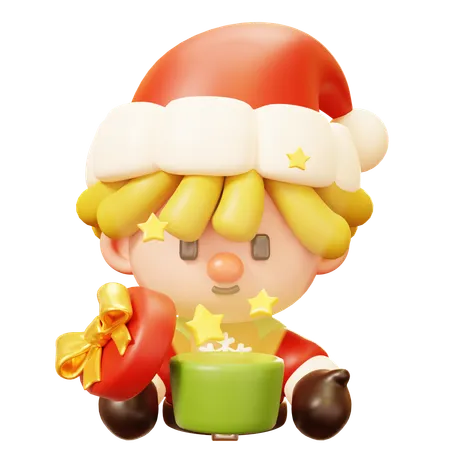 Cute Cartoon 3 D A Little Boy Smiling With Santa Hat Joyfully Opening A Gift Box His Cute Expression And Festive Attire Spread Holiday Cheer Making Her The Perfect Addition To Your Christmas Celebrations Happy New Year Decoration Merry Christmas Holiday New Year And Xmas Celebration 3D Icon