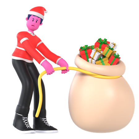 Christmas Boy Pulling Heavy Gift Bags  3D Illustration