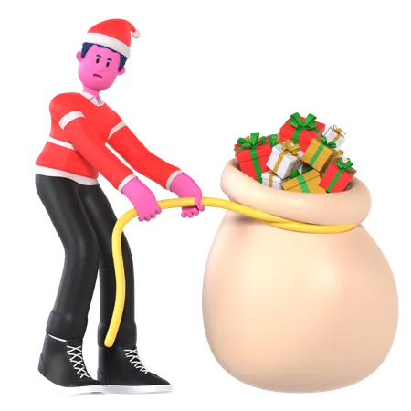 Christmas Boy Pulling Heavy Gift Bags  3D Illustration