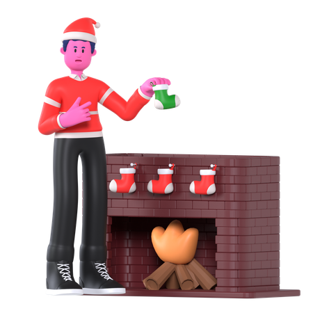 Christmas Boy Putting Socks In Fireplace  3D Illustration