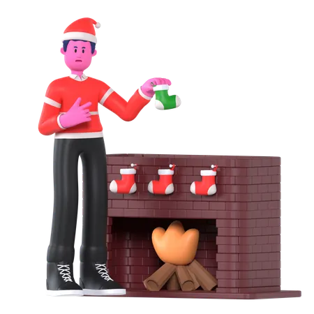 Christmas Boy Putting Socks In Fireplace  3D Illustration