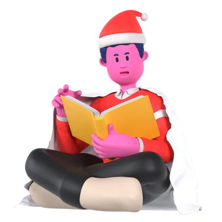 Christmas Boy Reading Book With Blanket  3D Illustration