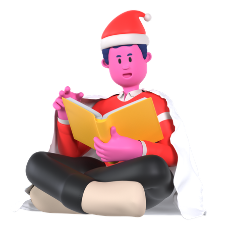 Christmas Boy Reading Book With Blanket  3D Illustration