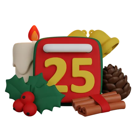 Christmas Calendar Date 25 December With Holly And Cinnamon 3 D Render 3D Icon