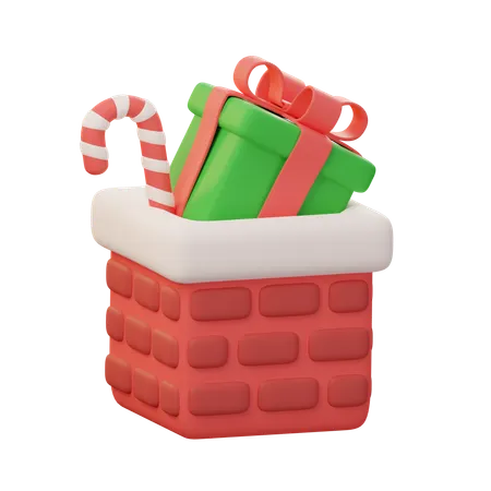 Gift Box On Christmas Chimney 3 D Christmas Decoration Elements 3D Icon