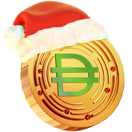 This 3 D Coin Icon Showcases A Golden Coin With The Dai Logo Embellished By A Christmas Hat Blending The Holiday Spirit With The Dai Cryptocurrency Symbol 3D Icon
