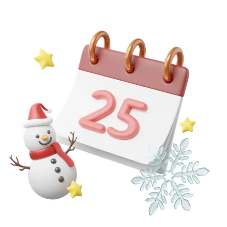 Christmas Day Icon Calendar Date 25 With Snowman Snowflakes Star Floating Isolated On Transparent Scheduled Holiday Plan Element Of Merry Christmas Cartoon Icon Minimal Smooth 3 D Rendering 3D Icon