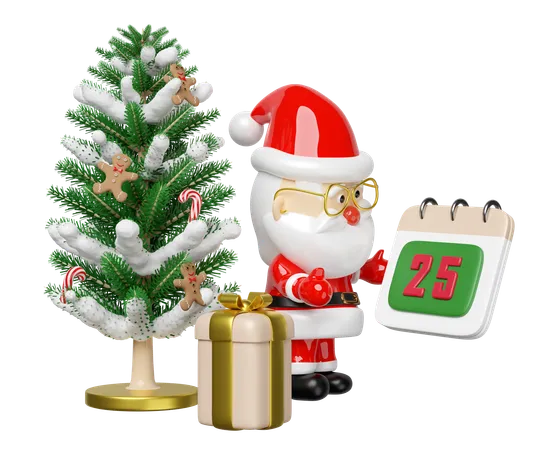 Santa Claus In Glasses Holds A Calendar On December 25th With Gift Box Christmas Tree Gingerbread Man Candy Cane Merry Christmas And Happy New Year 3 D Render Illustration 3D Icon