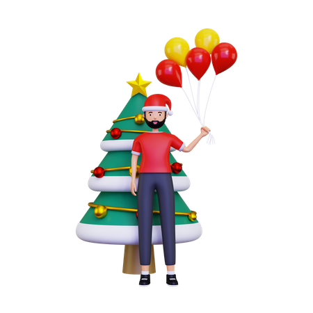 Christmas day celebration with Christmas tree and balloons 3D Illustration