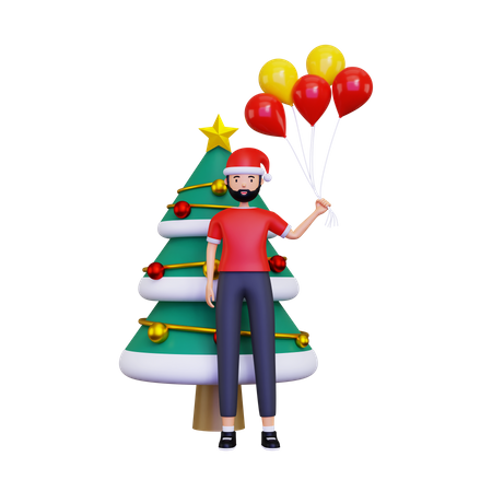 Christmas day celebration with Christmas tree and balloons  3D Illustration