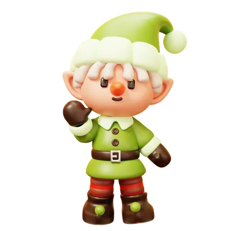 Cute Cartoon 3 D A Little Elf Smiling And Greeting Say Hi Hello Goodbye With Green Gnome Fairy Garden Costume And Hat Santa Cluas Assistance Helper Make The Toys In Santas Workshop And Take Care Of His Reindeer Happy New Year Decoration Merry Christmas Holiday New Year And Xmas Celebration 3D Icon