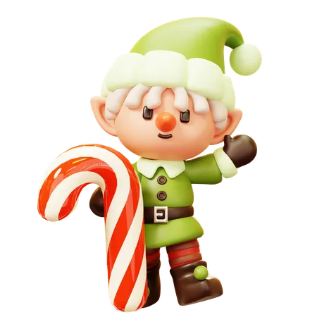 Cute Cartoon 3 D A Little Elf Smiling With Candy Cane In Green Gnome Fairy Garden Costume And Hat Santa Cluas Assistance Helper Make The Toys In Santas Workshop And Take Care Of His Reindeer Happy New Year Decoration Merry Christmas Holiday New Year And Xmas Celebration 3D Icon