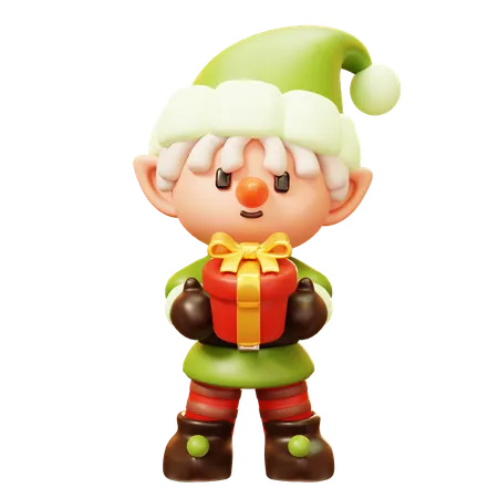 Cute Cartoon 3 D A Little Elf Smiling With Gift Box In Green Gnome Fairy Garden Costume And Hat Santa Cluas Assistance Helper Make The Toys In Santas Workshop And Take Care Of His Reindeer Happy New Year Decoration Merry Christmas Holiday New Year And Xmas Celebration 3D Icon