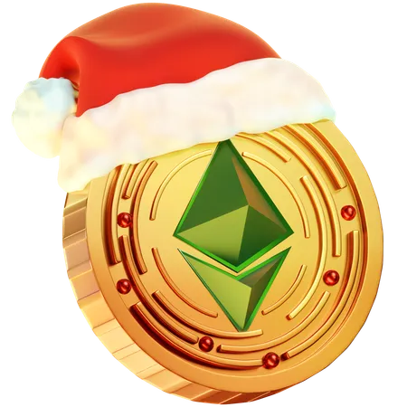 This 3 D Icon Showcases A Christmas Themed Golden Coin Featuring The Ethereum Logo Merging The Festive Ambiance With Ethereums Symbol 3D Icon