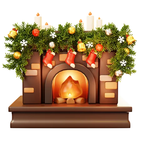 3 D Cute Cartoon Christmas Fireplace Decorate With Candle Bell Snowflake Ornament Ball Winter Season Happy New Year Decoration Merry Christmas Holiday New Year And Xmas Celebration 3D Icon