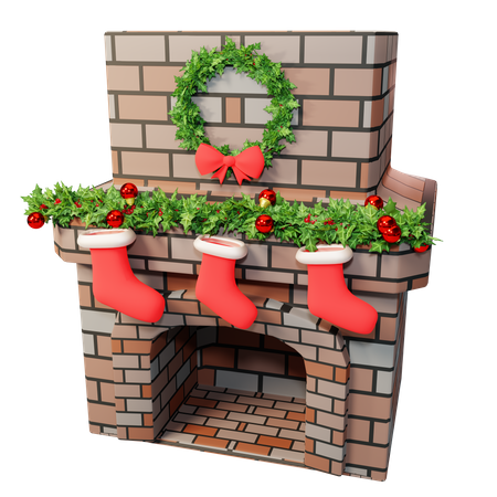 Christmas fireplace decorated with stockings 3D Illustration