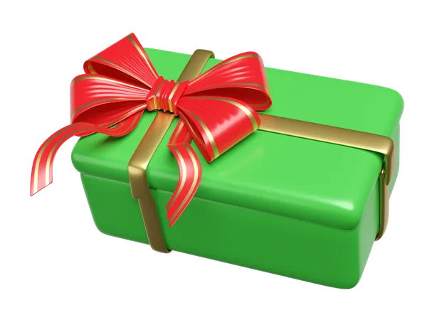 Green Gift Box With Golden Ribbon And Red Bow Merry Christmas And Happy New Year 3 D Render Illustration 3D Icon