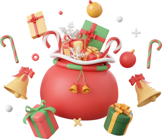 Christmas Gift Bag And Decorations Christmas Theme Elements 3 D Illustration 3D Icon