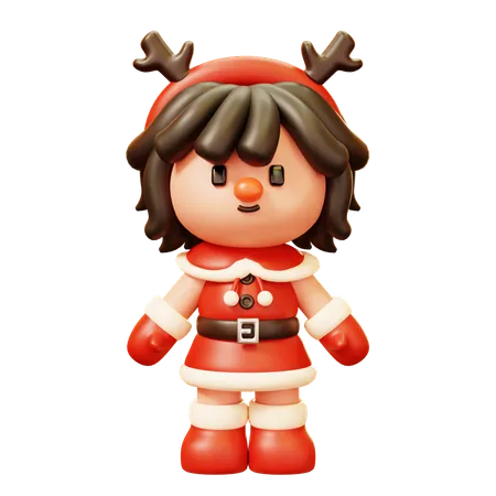 Cute Cartoon 3 D A Little Girl Smiling And Standing In Red Dress And Reindeer Antlers Happy New Year Decoration Merry Christmas Holiday New Year And Xmas Celebration 3D Icon