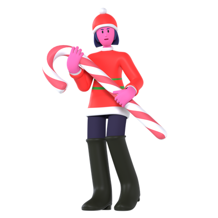Christmas Girl Bring Big Candy Cane  3D Icon