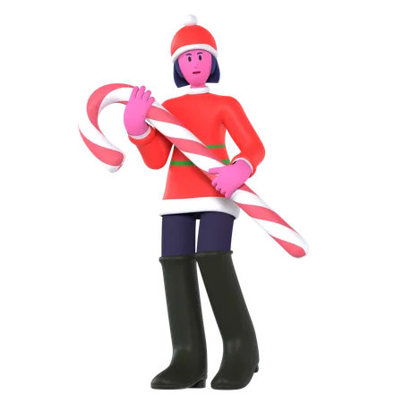 Christmas Girl Bring Big Candy Cane  3D Icon