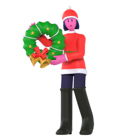 Christmas Girl Bring Wreath  3D Icon