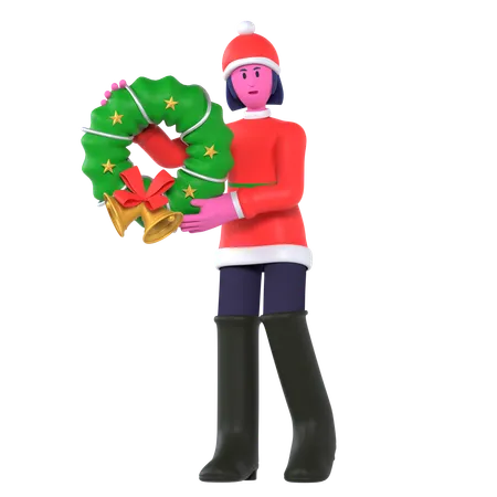 Christmas Girl Bring Wreath  3D Icon