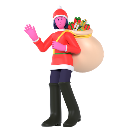Christmas Girl Carrying Bag Containing Gifts  3D Icon